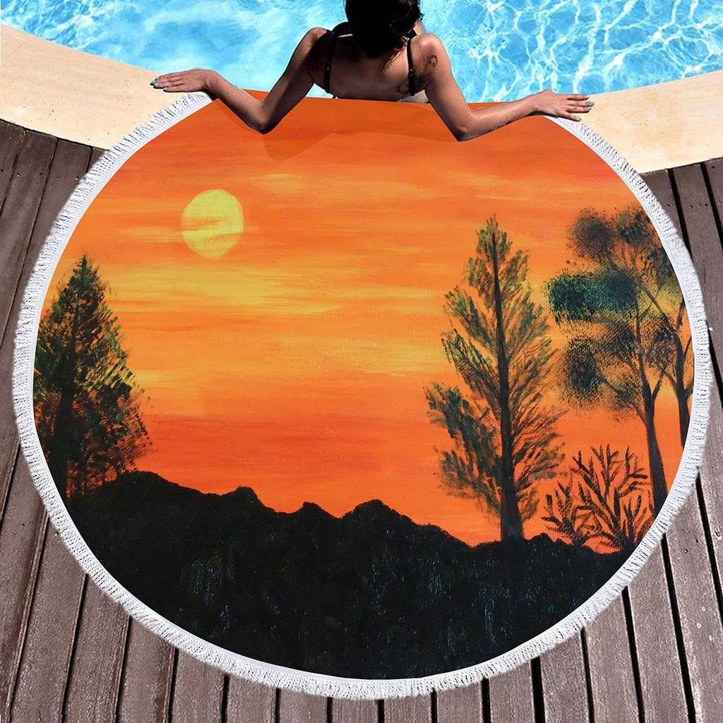 Landscape Art Oil Painting Round Beach Blanket Water Absorbent And Quick Drying Polyester Beach Towel Pool Towel Picnic Blanket