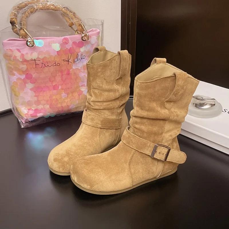 Fashionable Pleated Boots Women's  New Winter Belted Flat Nude Boots - Large Size Retro Round Toe Slimming Short Boots