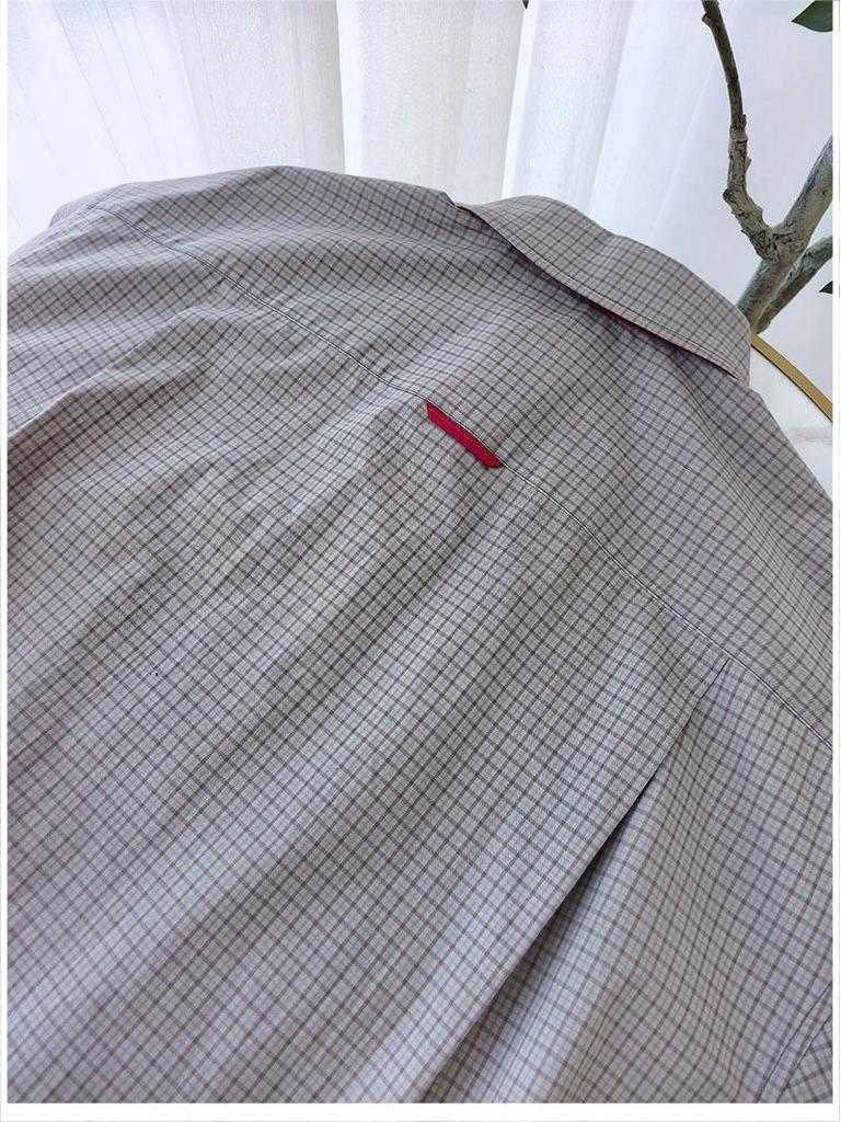 Damen Frühjahr Karoshemd - Kontrastfarben, POLO-Kragen, Mittellang, Übergroße Baumwollsilhouette