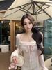 Pink Patchwork Square Neck Long Sleeve Slim Fit T-Shirt for Women - Autumn/Winter Style