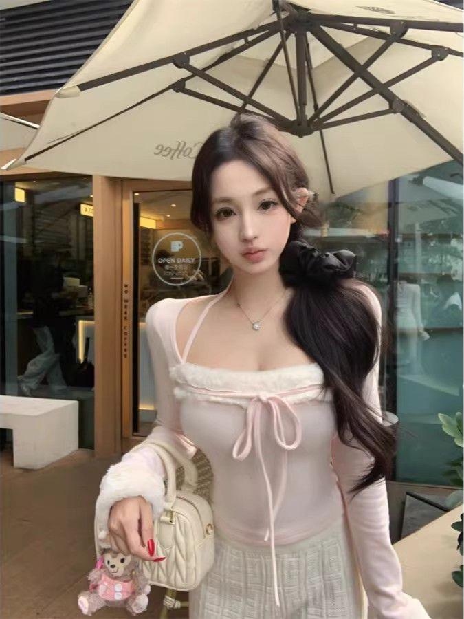 Pink Patchwork Square Neck Long Sleeve Slim Fit T-Shirt for Women - Autumn/Winter Style