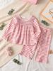 Plaid Lace Long Sleeve & Pants Girls' Two-Piece Set: Korean Style Spring-Autumn Comfort Wear