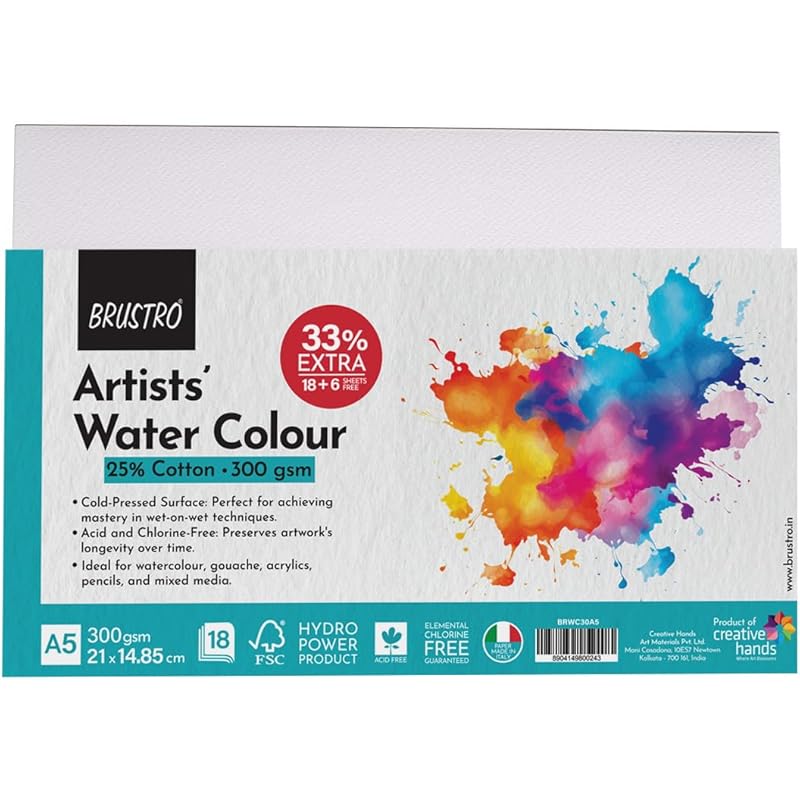 Brustro Artists Watercolour Paper 300 GSM A5-25% Cotton, Cold Pressed 2 Packets (Each Packet Contains 18 + 6 Sheets Free