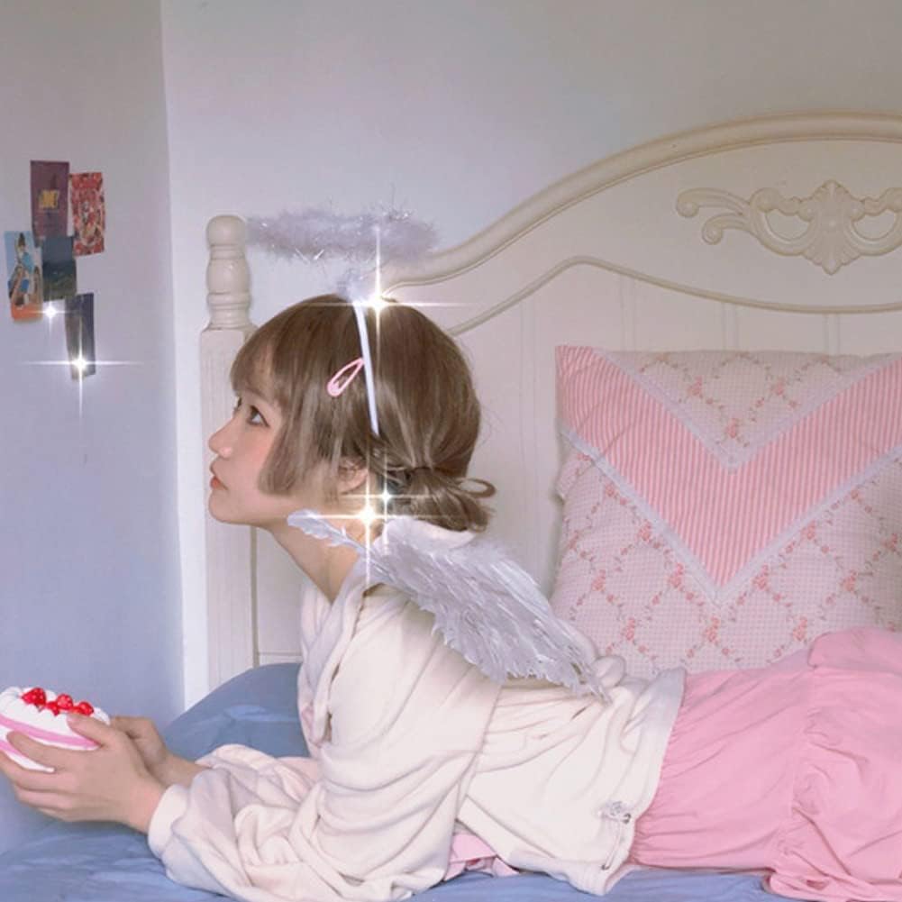 Formemory Angel Wings Cosplay Set for Kids, Angel Wings, Ring, Heart Cane, and Hair Ornament, 4-Piece Set, White Angel Costume Accessories for Women