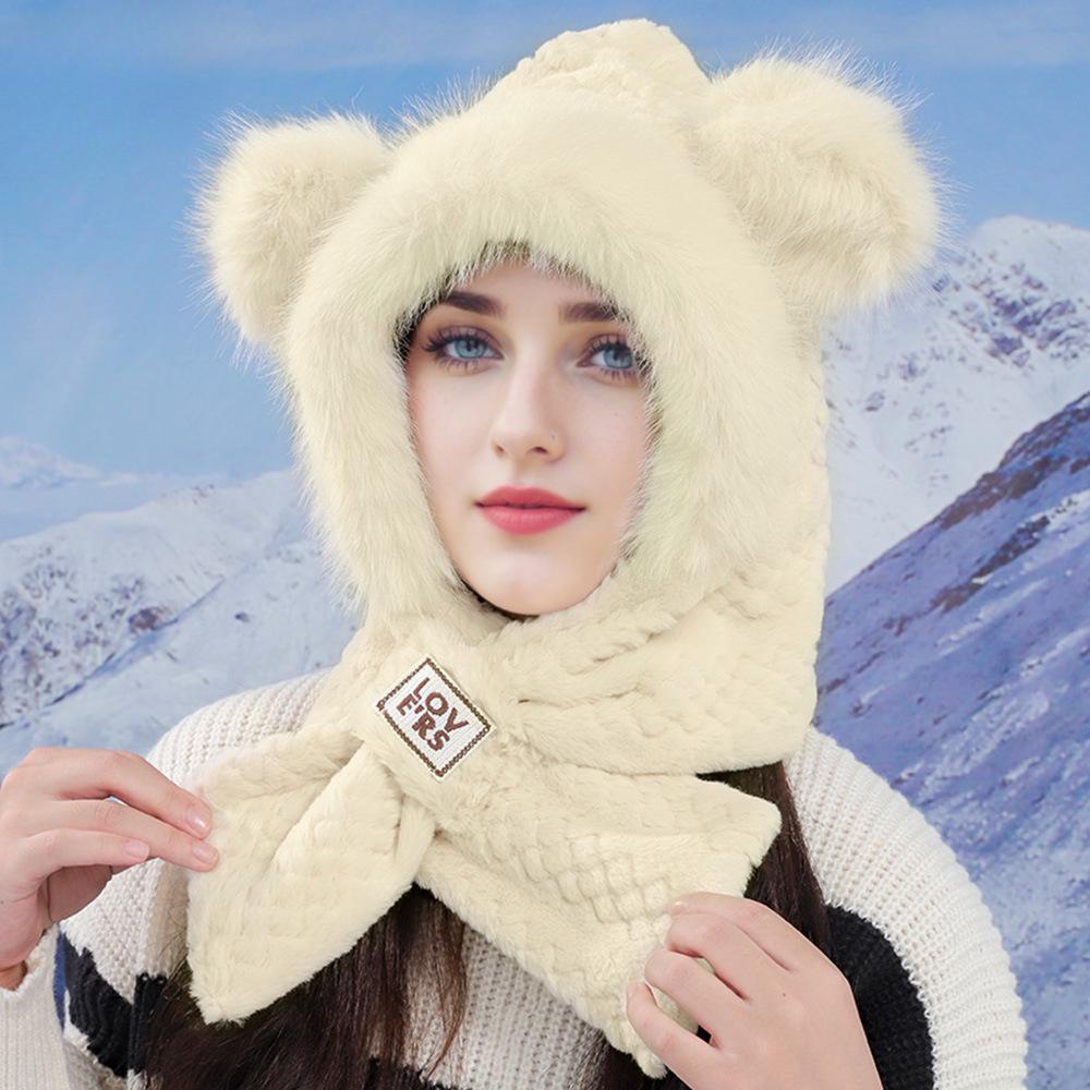 Warm Plush Hat for Women In Winter Plush Thickened Cold Protection Versatile Scarf Hat Integrated Furry Ear Protection Hat