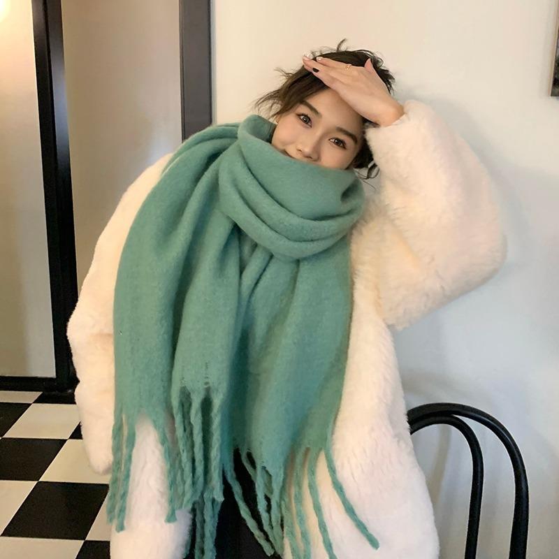 Winter new solid color versatile thickened scarf mohair fringed soft waxy warm student scarf women