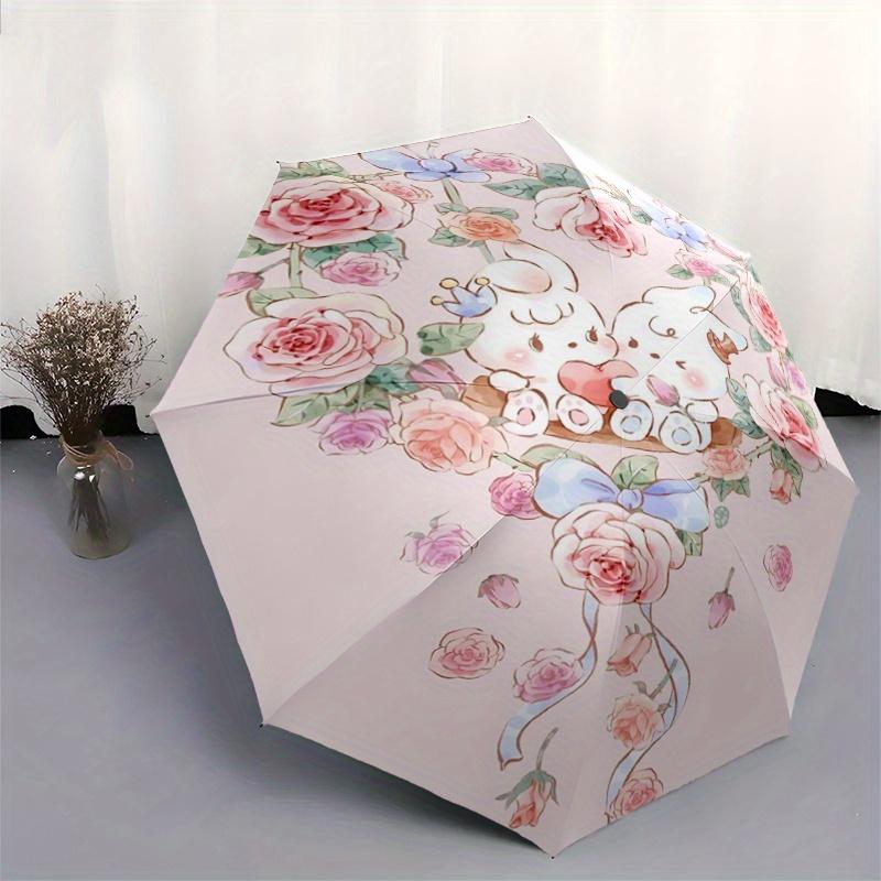 1pc Love Flowers & Bunnies Fully Automatic Folding Portable Umbrella, 8 Iron Frames, Three-Fold Design, Suitable for All Seasons, Suitable f