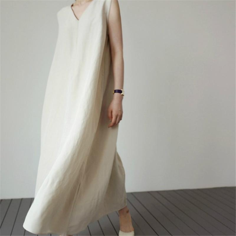 Original Cotton Linen Women Dress With Pocket Solid Loose V-Neck Sleeveless Summer Korean Long Robe Dress For Women