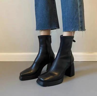 Cowhide Version~ Black Short Boots, Rear Zipper, Thick Heel Increased, Thin Women's Small Thin Boots Increased