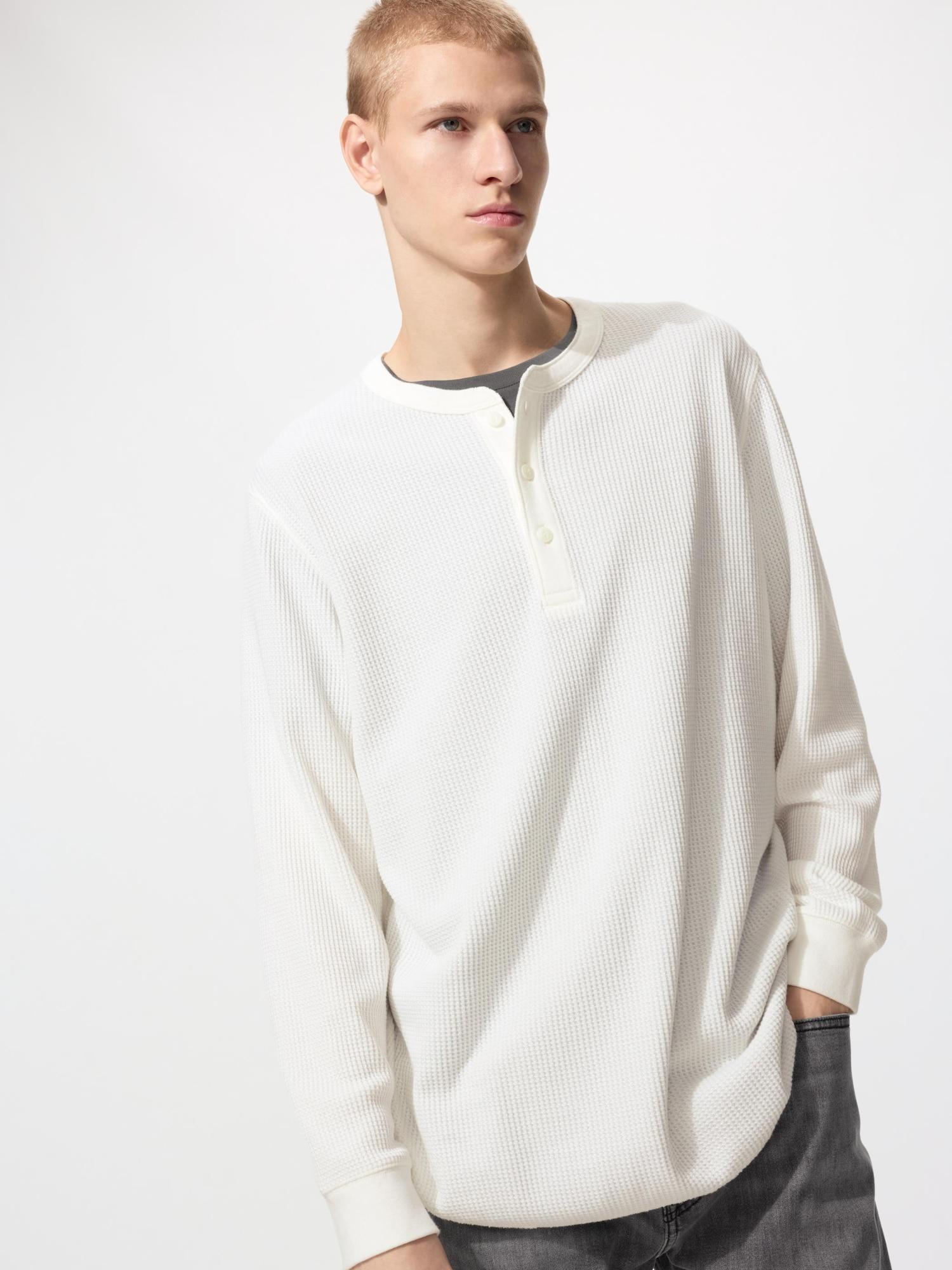 Uniqlo Япония Вафельная футболка с воротником-поло с длинным рукавом 01 OFF WHITE/XS