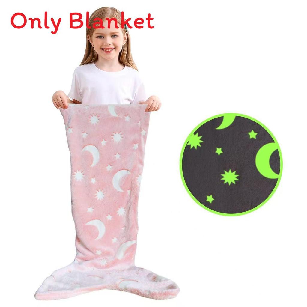 Glow In The Dark Modern Fleece Blanket For Kids With Cartoon Mermaid Stars And Sleepytime Warmth