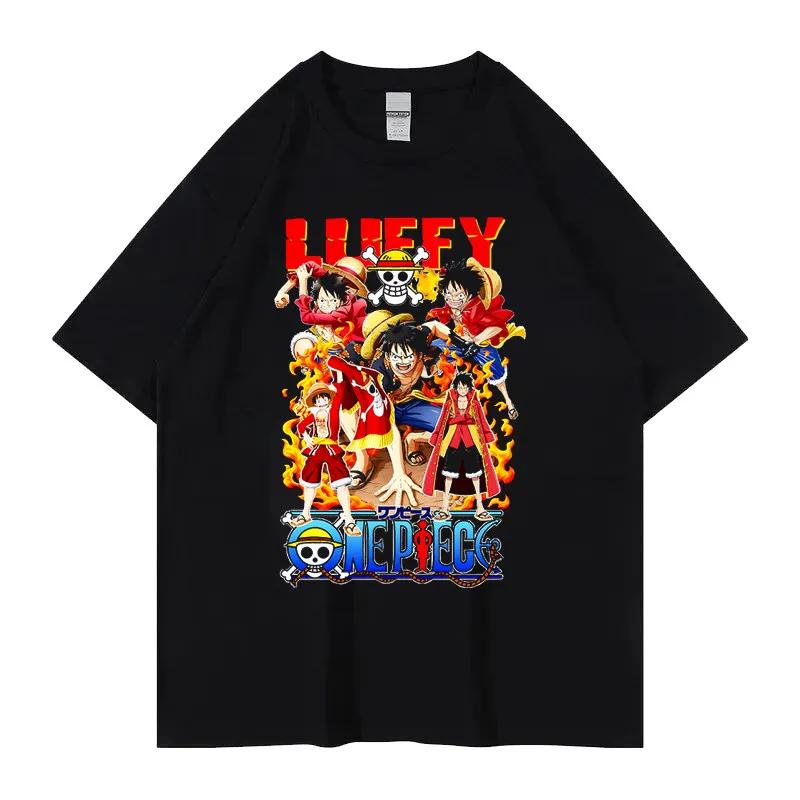 ONE PIECE Hotblooded Animation Trend Short Sleeve Mens Fashion Trend Brand Street Loose Couple Top Clothing Comfortable Loose