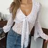 Black Sexy V-neck Lace Bodysuit Women Tops 2026 Summer Long Sleeve See Through Slim Rompers Jumpsuit Lace Up Sheer Lace Bodysuits