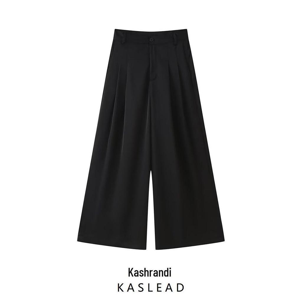 2025 Spring Women's European & American Wide-Leg Satin Pleated Trousers
