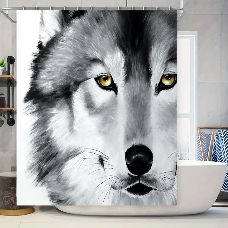 

Whimsical Wolf Print Shower Curtain High-Quality Waterproof Fabric Decor For Your Bathroom Modern Stylish Design In Black White W60H190(CM)-1 Pcs