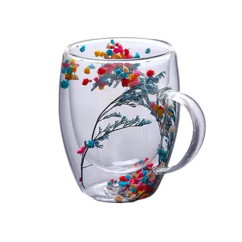 Skleněný šálek s dvojitou stěnou s uchem Šálek na kávu zdobený sušenými květinami Hrnek na mléko Tepelně odolný šálky na čaj Skleněný hrnek Kuchyňské potřeby