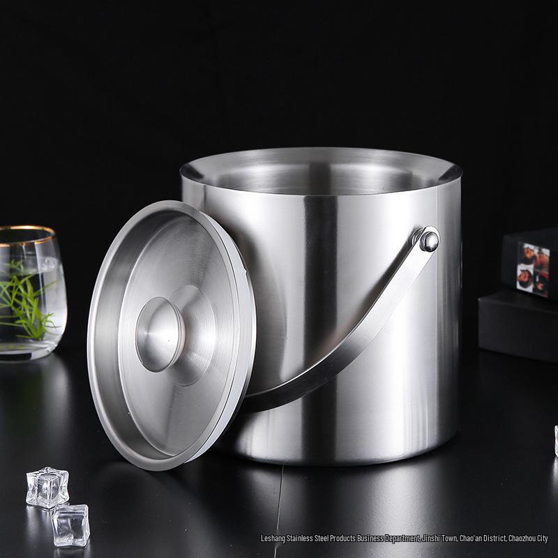 Stainless Steel Double-Layer Ice Bucket with Handle and Lid for Champagne, Wine, or Bar Use