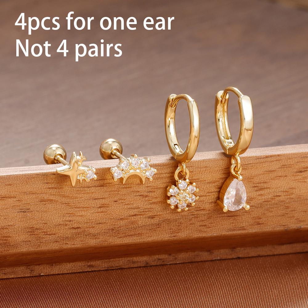 4PCS Luxury Star Moon Stainless Steel Zircon Stud Earrings Set For Women Simple Flower Earring Classic Huggie Daily Jewelry