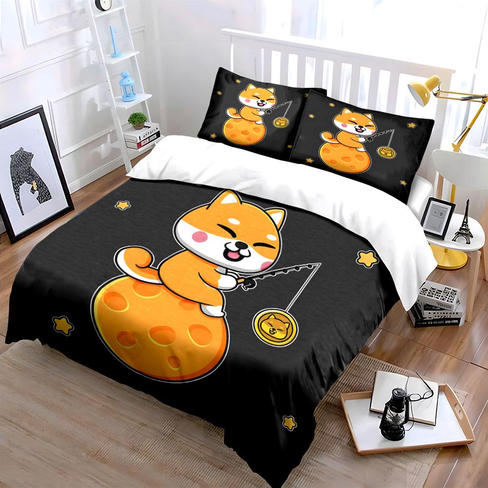 3Pcs Cute Shiba Fishing For Coin On Moon Print Duvet Cover + 2 Pillowcases, Large-Sized Home Decor, Gifts