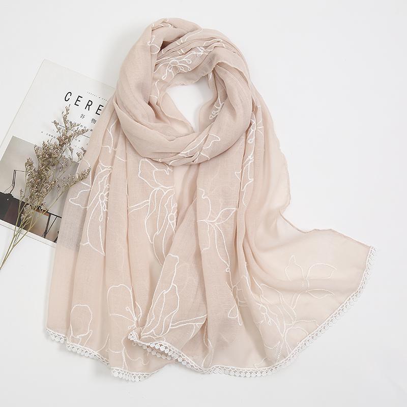 Plain Flower Embroidery Hijab Scarf Viscose Muslim Hijab Shawls Women Soft Long Towel Wraps Elegant Casual Heabscarf Turban