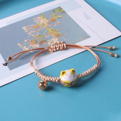 Wrist Bracelet Ceramic Cat Decor Small Bell Hand Made Adjustable Ornamental Decorate Temperament Braided Rope Charms String Bracelet for Daily Life