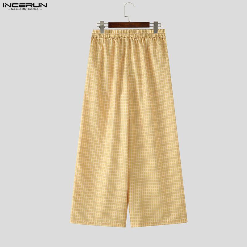 INCERUN Men's Plaid Wide Leg Trousers Elastic Waist Casual Straight Loose Pants