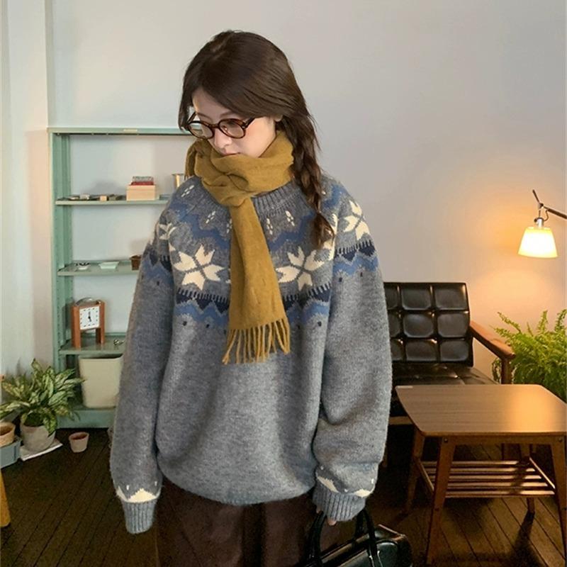 Autumn/winter Korean O-neck Casual Loose Pullover Printed Sweater Women Sweet Long Sleeved Office Knitted Top Office Retro Simple Sweaters