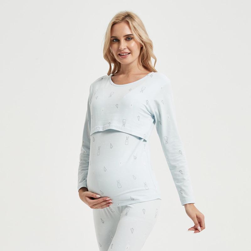 Хлопковый трикотаж для беременных и кормящих - Базовый слой для беременности и после родов - Весенне-осенний топ-пижама для кормления. Medium