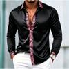 Light luxury satin smooth men's long sleeved formal shirt with a lapel, Baroque gold patterned placket, and cuffs trimmed with