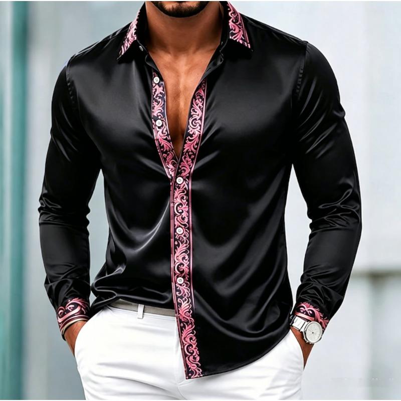 Light luxury satin smooth men's long sleeved formal shirt with a lapel, Baroque gold patterned placket, and cuffs trimmed with