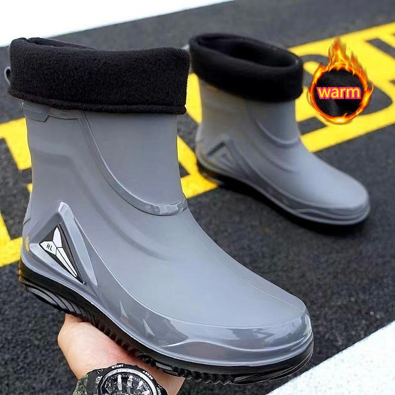Fashion Short-tube Waterproof Shoes Men's Rain Boots Low-cut Warm Work Rubber Shoes Non-slip Fishing Kitchen Rain Boots Men