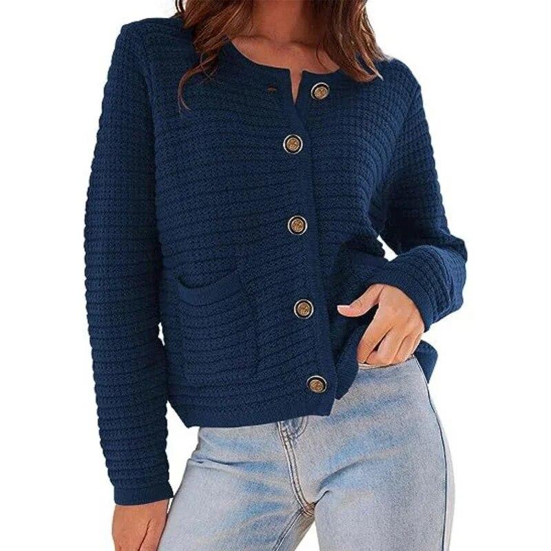 Autumn Round Neck Knitted Coat Vintage Solid Pocket Commuter Office Jacket Casual Button Long Sleeve Cardigans Winter Clothing 29764