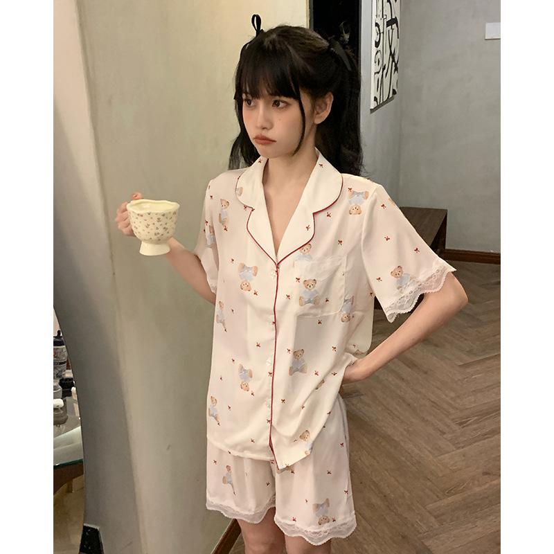 Silk Spring Bear Three-piece Women's Pajamas Cartoon Girl Wind Spring Summer Ice Silk Short-sleeved Cool Loungewear