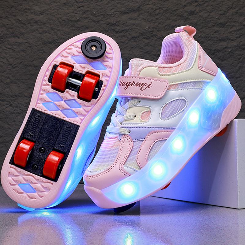 Kid's Luminous Sneakers Led Light Shoes Children's /Boys /Girls USB Charging Glowing Wheels Parkour Roller Skate Shoes