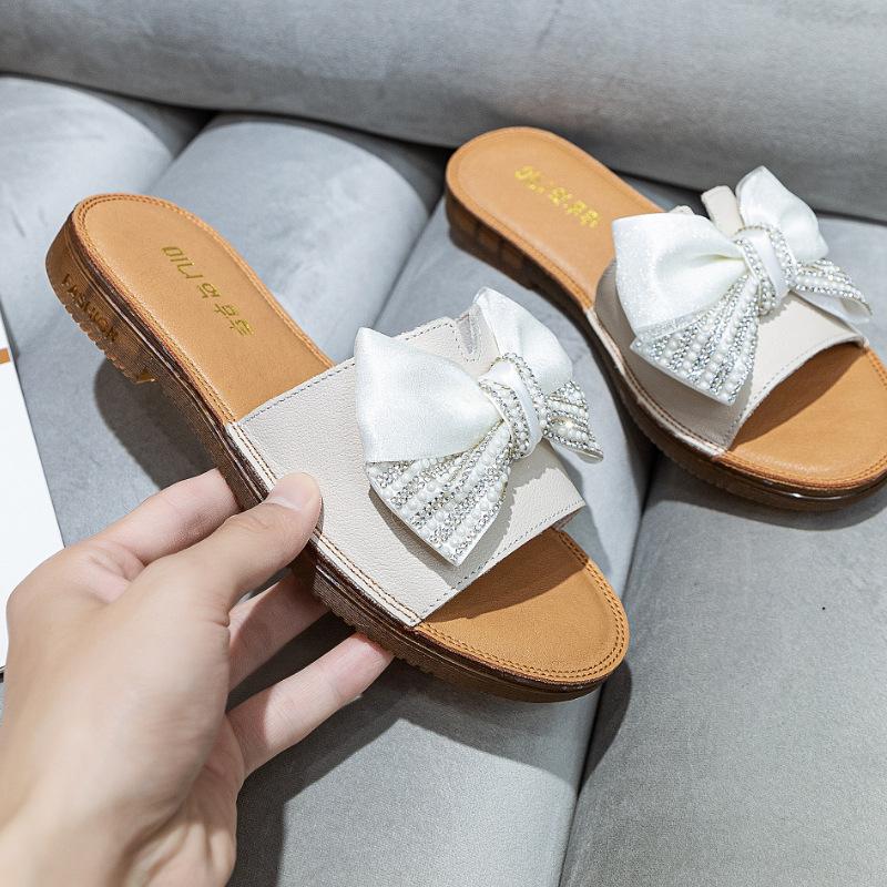 Fashion Cow Leather Sandals 2025 New Women's Slippers Bow Large Size 35-43 Beef Tendon Sole Soft Sole Geunine Leather Slippers