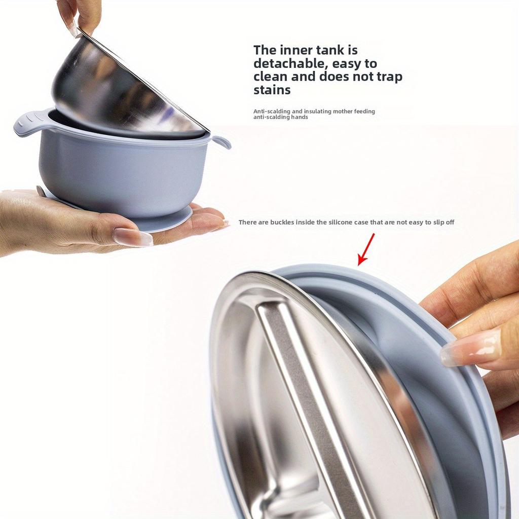 New style children's silicone plate baby eating compartment 304 stainless steel tableware dinner plate with suction cup type