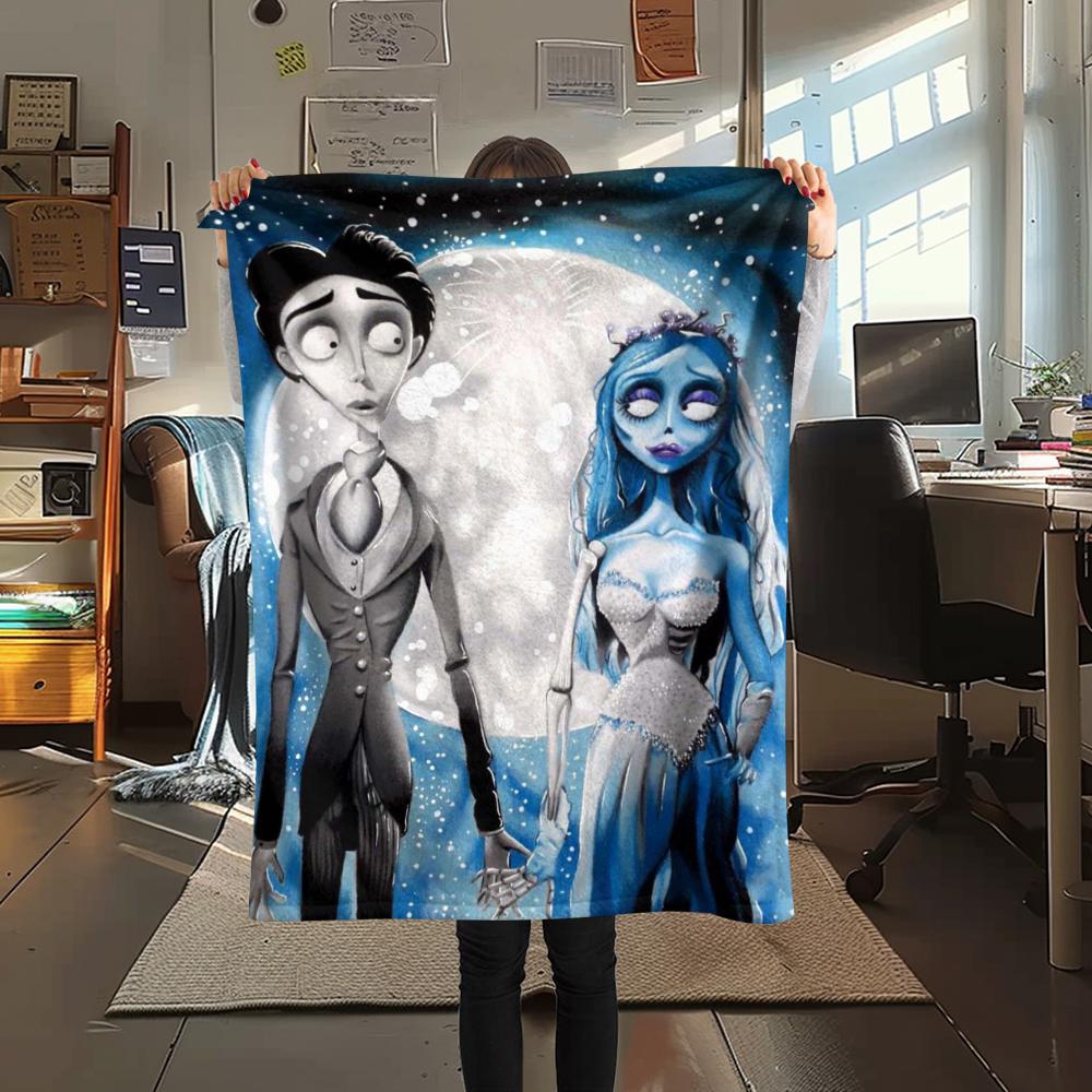 1Pc Corpse Bride Cartoon Print Flannel Blanket, High Quality Comfortable for All Seasons, Home Decor, Warmth and Comfort, Perfect for Gifts