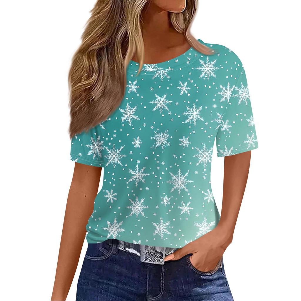 Women's Fashionable Casual Short Sleeve Christmas Print Round Neck Pullover Top