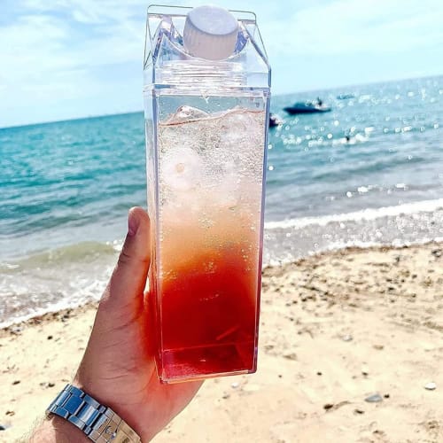 Qkbuza 2-Piece Milk Carton-Shaped Drink Bottle, Clear Plastic, Large Capacity Water Bottle for Direct Drinking, Leak-Proof, Portable Square Breast Mil