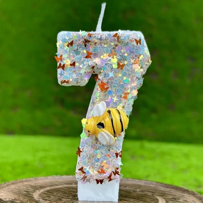 Little Bee Theme Birthday Number Candles Theme Birthday Candles for Cake Numeral Candle Cake Topper with Sequins for Birthday