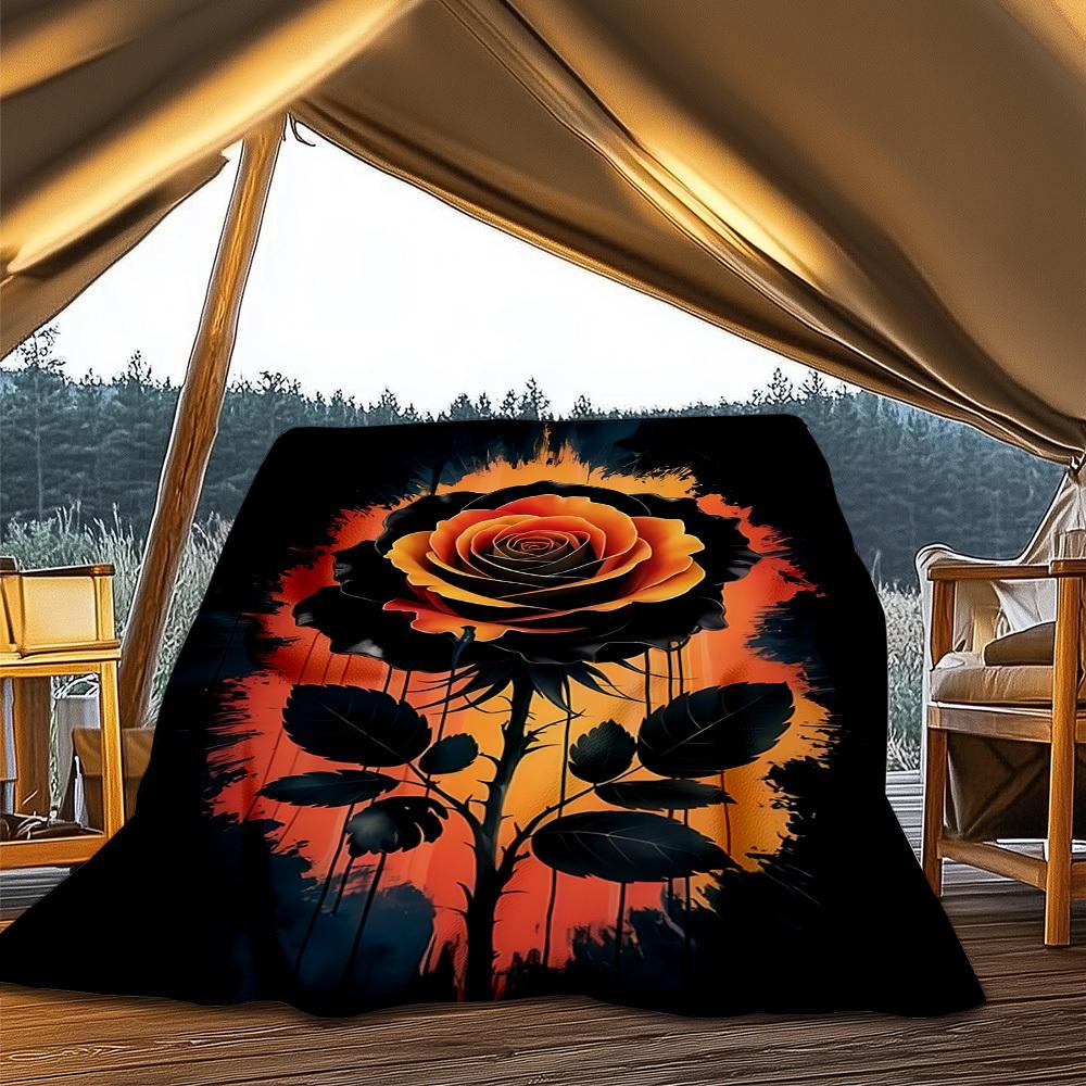 1pc Black Rose Art Print Outdoor Flannel Blanket Soft All Season Polyester Throw , Perfect for Picnics & Travel , Picnic Accessory