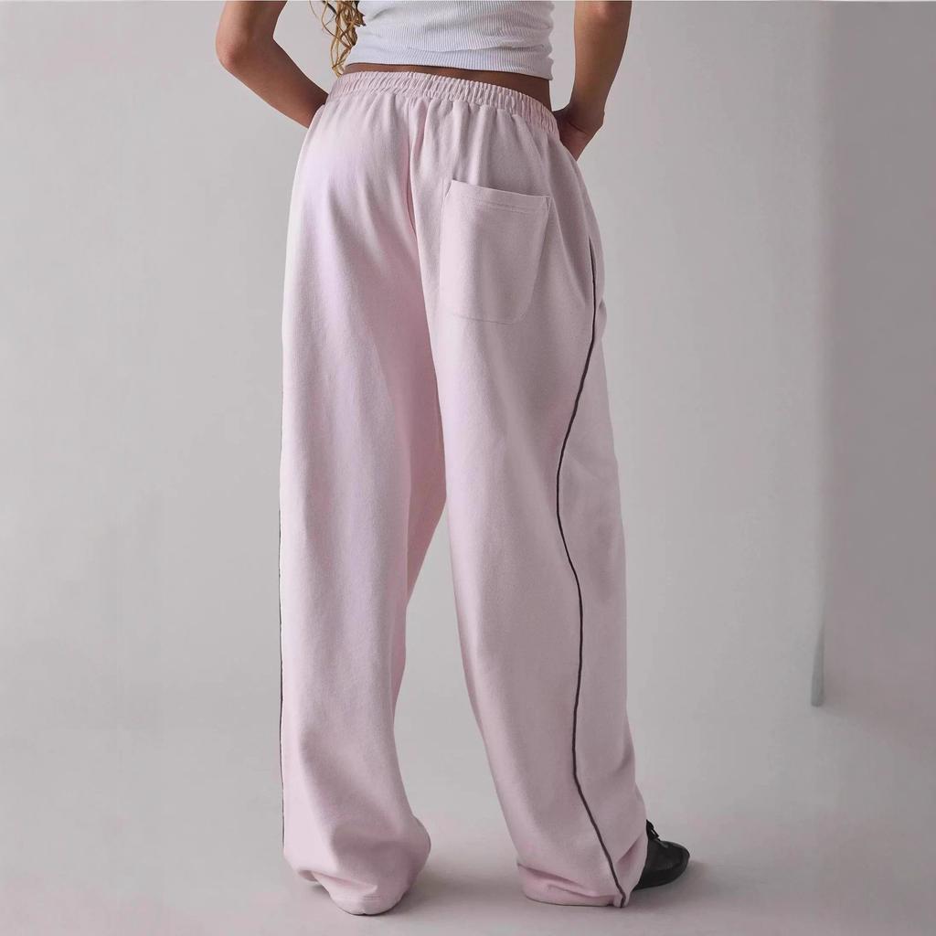 Pantaloni Sportivi da Donna Rosa Chiaro a Gamba Larga con Striscia Laterale e Vita Elastica