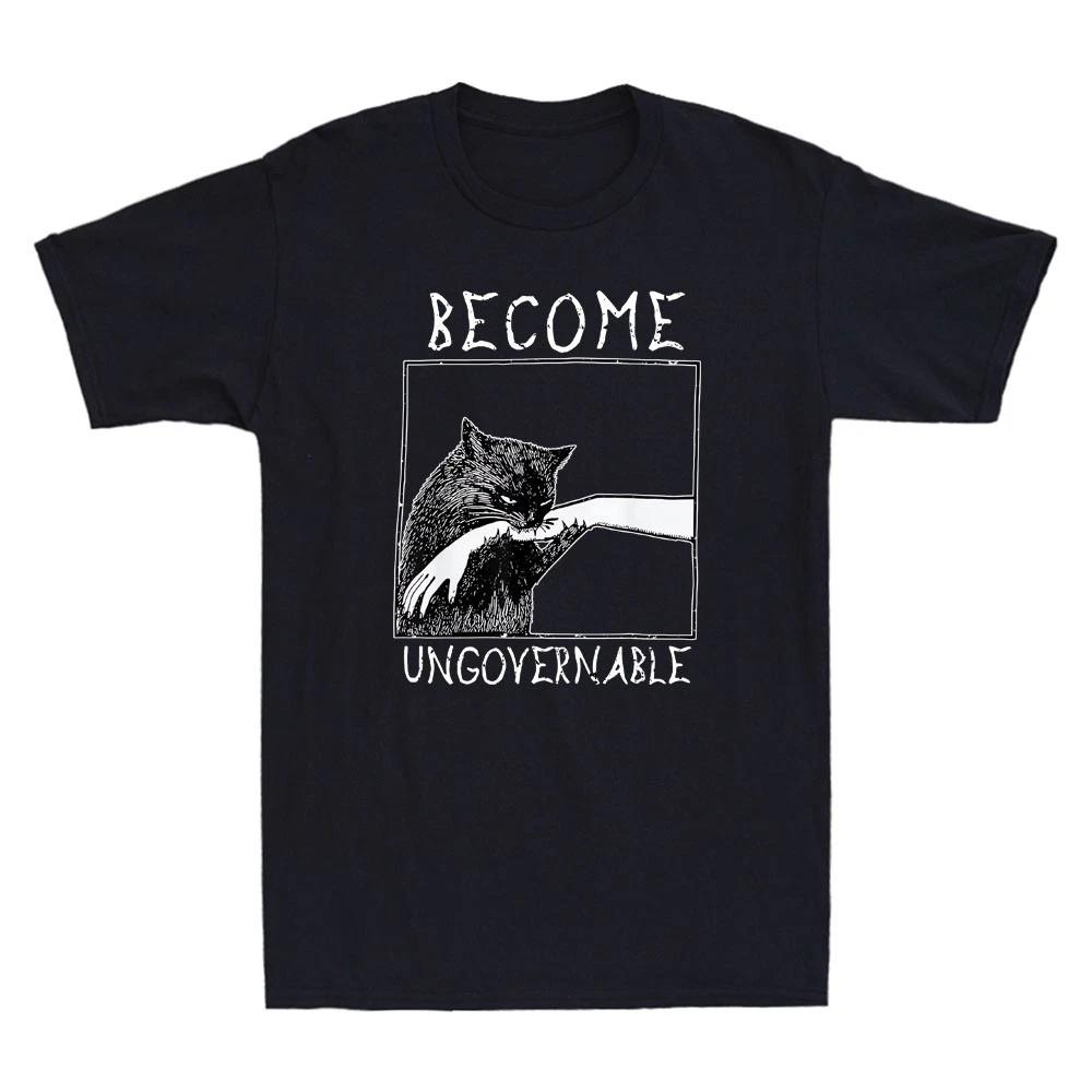 Become Ungovernable Funny Black Cat Biting Hand Meme Quote Vintage Men s T-Shirt S