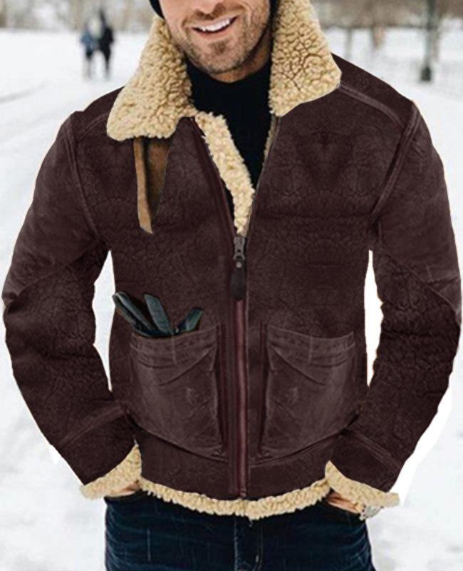 Men's Mid-length Suede Faux Leather Jacket with Shearling Lining - Available in 7 Colors & 8 Sizes