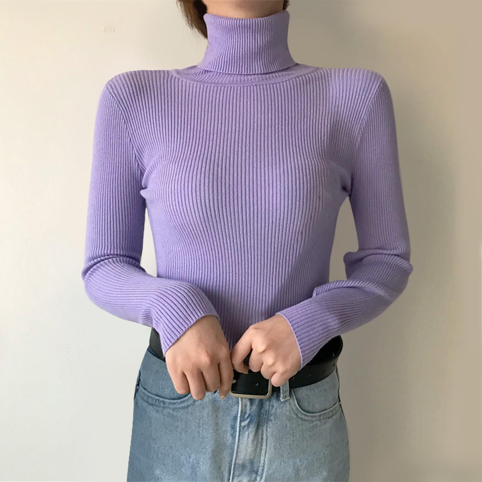 

Женский однотонный вязаный свитер с воротником, обтягивающим низом и длинным рукавом One Size фиолетовый