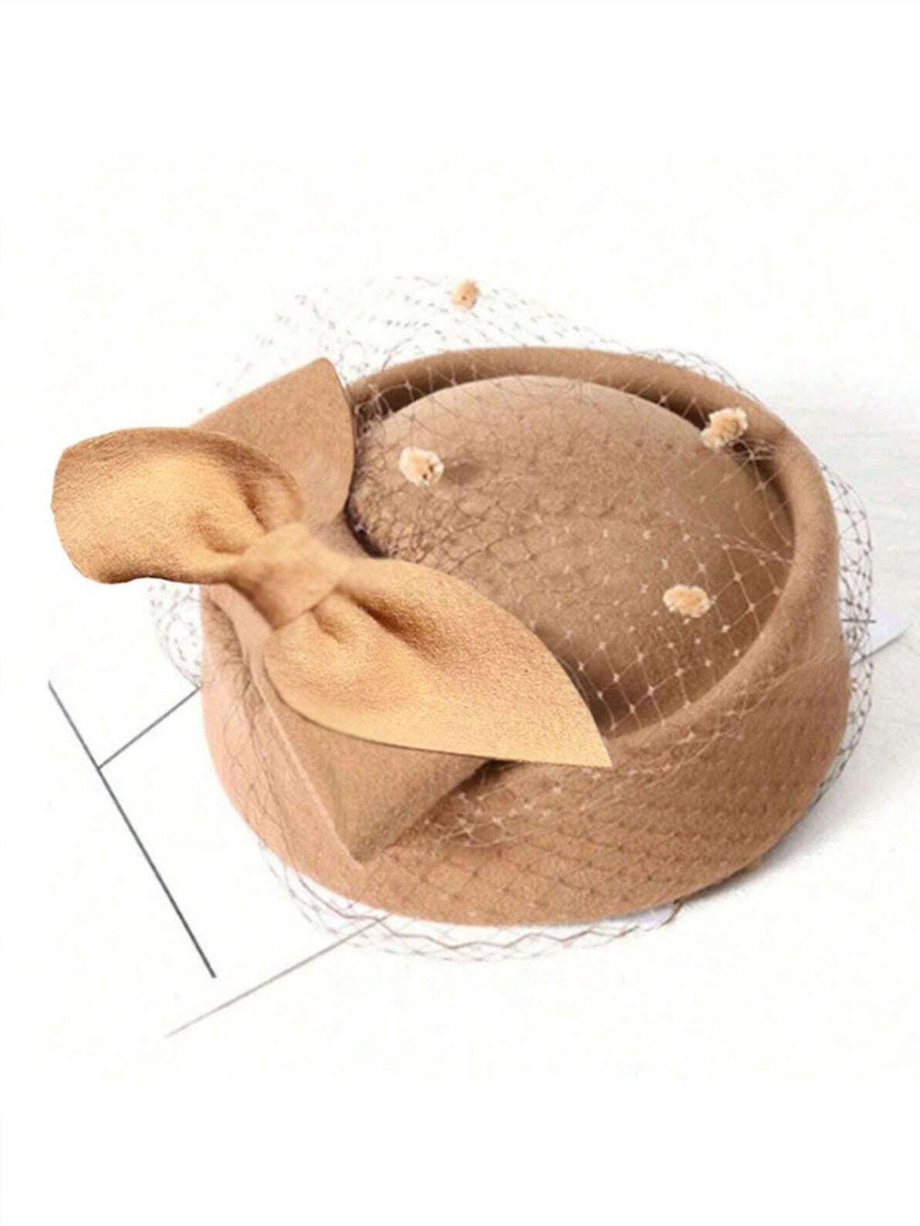 

High-end temperament top hat female autumn and winter flight attendant bow mesh lace woolen hat One Size