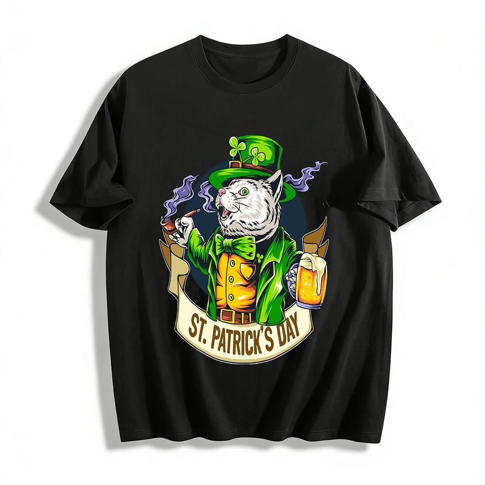 

St. Patrick s Day Funny Cat Print Casual Holiday Themed T-Shirt Pure cotton T-shirt XXS