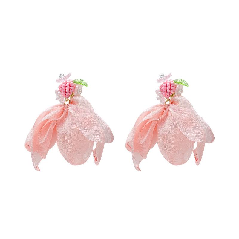 Super Fairy Pink Mesh Flower Earrings for Women, Suitable for Summer Stud Earrings, Atmosphere, Vacation Style, Sweet and Gentle Earrings