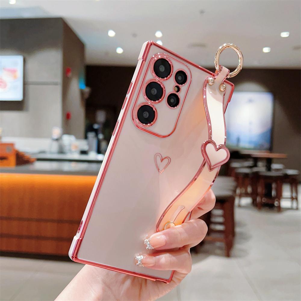 For Samsung Galaxy S25 Ultra Case Electroplated Heart Pattern TPU Phone Back Cover with Wristband Kickstand