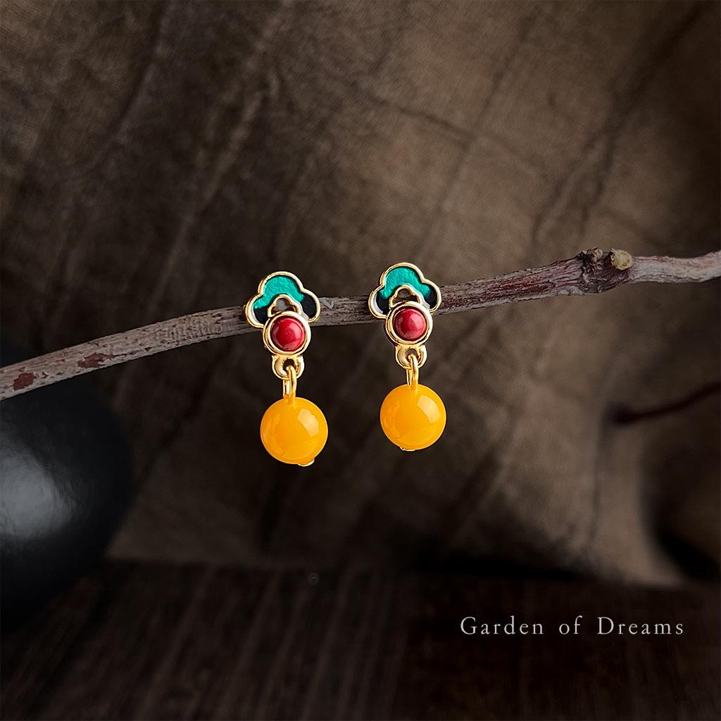 Vintage Cloud Enamel & Synthetic Amber Earrings - Tibetan Ethnic Style